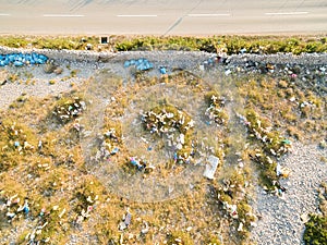 Aerial view of plastic bags pollution on island of Pag.