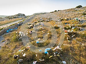 Aerial view of plastic bags pollution on island of Pag