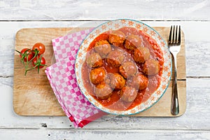 Aerial view of a plate meatballs in tomato sauce