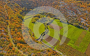 Aerial view of the plateau in the hinterland of Konavle in Croatia