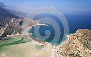 Aerial view on Platiskinos mountain range and Balos lagoon with sandy beach. Crete, Greece