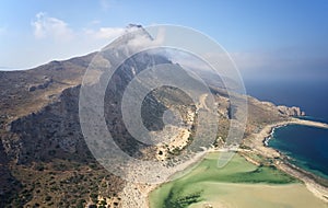 Aerial view on Platiskinos mountain range and Balos lagoon with sandy beach. Crete, Greece
