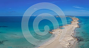 aerial view of the Platja de Ses Illetes beach and isthmus in northern Formentera
