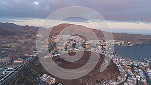 Aerial view of Playa de las Americas on sunset in Tenerife, Canary Islands