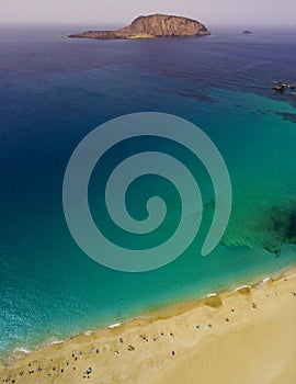 Aerial view of the Playa de las Conchas, La Graciosa island in Lanzarote, Canary island. Spain.