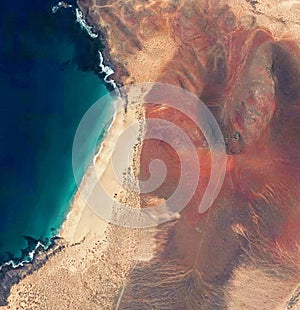 Aerial view of the Playa de las Conchas and mountain Bermeja La Graciosa island in Lanzarote Canary island. Spain