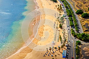 Aerial view of Playa de Las Teresitas near Santa Cruz de Tenerife. Sunny summer beach landscape top view.