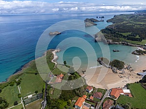Aerial view on Playa de Palombina, Las Camaras and Celorio, Green coast of Asturias, North Spain with sandy beaches, cliffs, photo