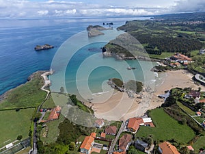 Aerial view on Playa de Palombina, Las Camaras and Celorio, Green coast of Asturias, North Spain with sandy beaches, cliffs, photo