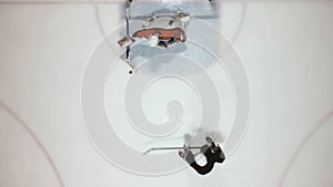 Aerial view of players practicing ice hockey