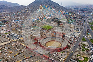 Aerial view of the Plaza de Toros de Acho, the largest bullring in the Peruvian capital Lima.
