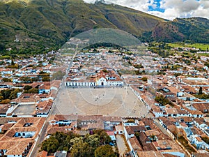 Aerial view of the Plaza Mayor, largest stone-paved square in South America, Villa de Leyva, Colombia