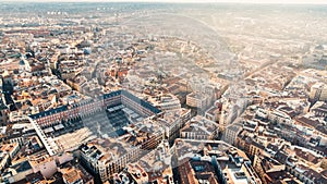 Aerial view of Plaza Mayor in Madrid,Spain. Plaza Mayor is a central plaza in the city of Madrid. Beautiful sunny day in city,