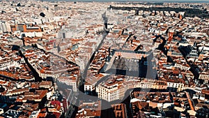 Aerial view of Plaza Mayor in Madrid,Spain. Plaza Mayor is a central plaza in the city of Madrid. Beautiful sunny day in city,