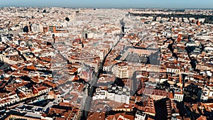 Aerial view of Plaza Mayor in Madrid,Spain. Plaza Mayor is a central plaza in the city of Madrid. Beautiful sunny day in city,