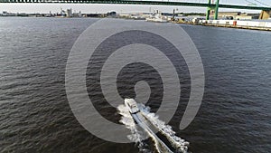 Aerial view of pleasure fishing speed boat Delaware River Philadelphia