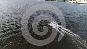 Aerial view of pleasure fishing speed boat Delaware River Philadelphia