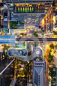 Aerial view of Ploenchit road by night in Bangkok Downtown, financial district and business center, Thailand