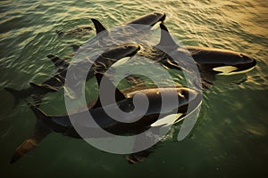 Aerial view. pod of orcas swimming in sparkling ocean waters, majestic marine wildlife