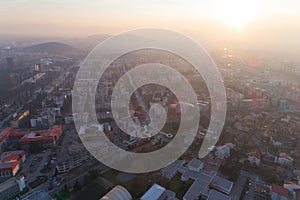 Aerial view of Podgorica city during sunset