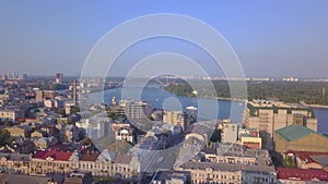 Aerial view of Podil district on the bank of Dnipro. Kiev, Ukraine