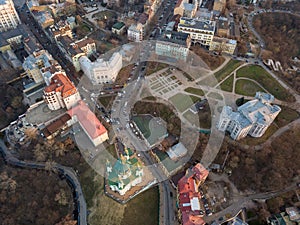 Aerial view of Podol and St Andrew`s Church in Kiev city