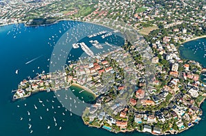 Aerial view of Point Piper suburb of Sydney with residential houses
