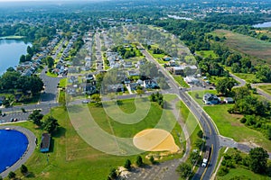 Aerial view of pond near the Sayreville New Jersey small American town residential community
