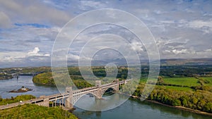 Aerial view of Pont Britannia Bridge across Menai Strait in Pentir, United Kingdom