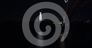 Aerial view of Ponte 25 de Abril, Lisbon Portugal , flying above the Tejo River at night.