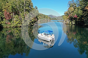 Aerial view of pontoon boat on Lake Santeetlah, North Carolina