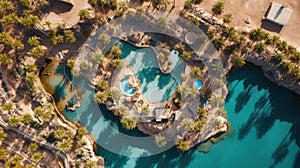 An aerial view of a pool surrounded by palm trees. Generative AI image.