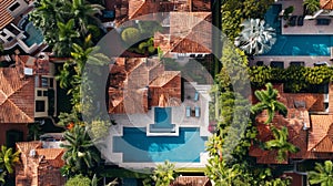 An aerial view of a pool surrounded by trees and houses, AI