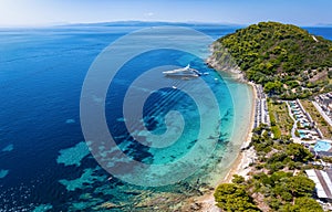 Aerial view of the popular Ampelakia beach at Skiathos island,