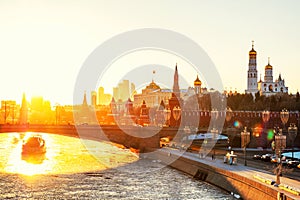 Aerial view of popular landmark Kremlin in Moscow, Russia at sunset