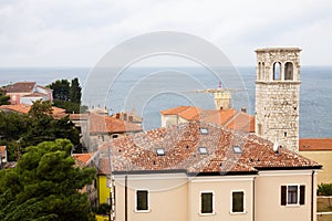 The aerial view of Porec city with the Adriatic sea