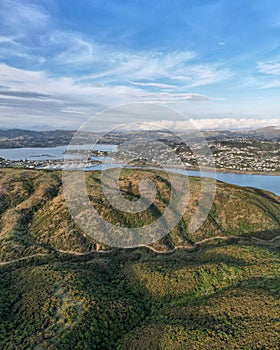 Aerial view of Porirua, small rural town, suburb of Wellington, New Zealand