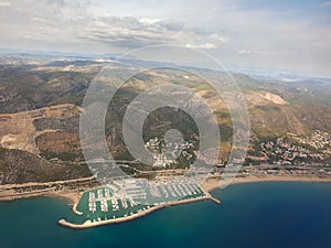 Aerial view on port of Castelldefels, park Garraf, Spain