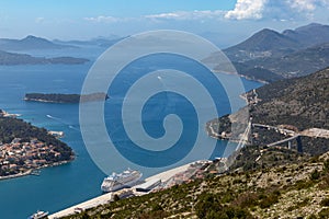 Aerial view of port of Dubrovnik with cruise ships and yachts, Adriatic sea