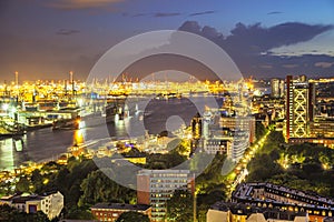 Aerial view on the port of Hamburg at the evening