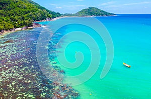 Aerial view of Port Launay beach in Mahe island