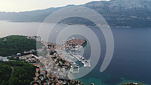 Aerial view of port or marina with sailboats and yachts in Croatian bay Korcula.