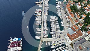 Aerial view of port or marina with sailboats and yachts in Croatian bay Korcula.