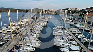 Aerial view of port or marina with sailboats and yachts in Croatian bay Korcula.