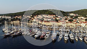 Aerial view of port or marina with sailboats and yachts in Croatian bay Korcula.