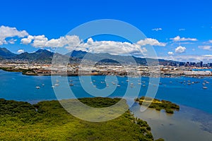 Aerial view of the port and mountains in Honolulu Hawaii