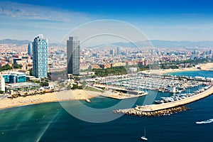 Aerial view of Port Olimpic from helicopter. Barcelona