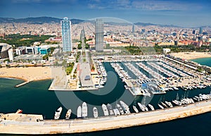 Aerial view of Port Olimpic from helicopter. Barcelona