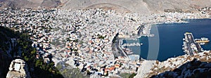 An aerial view of the port of Pothia. Greece