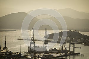 aerial view of Port of Santos logistics terminal, Brazil. black and white